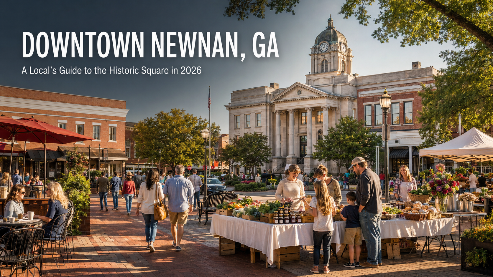 Families enjoying Market Day, local shops, and restaurants around the historic courthouse square in downtown Newnan, Georgia.