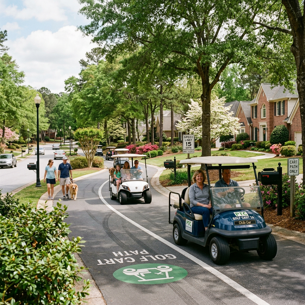 Two golf carts driving on a marked golf cart path in a suburban area with houses and greenery