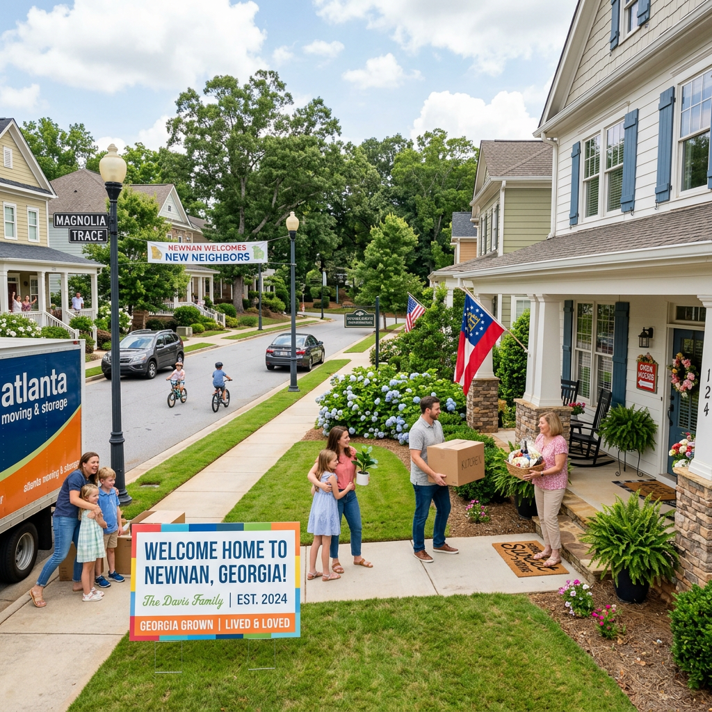 Family moving into a house with welcome signs and neighbors greeting
