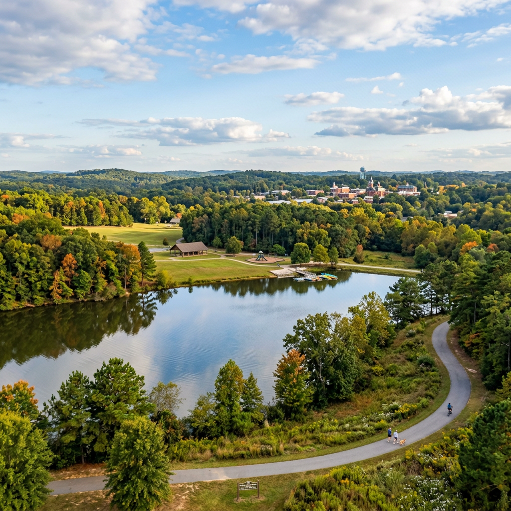 Lake surrounded by lush trees with a winding walking path and visitors outdoors