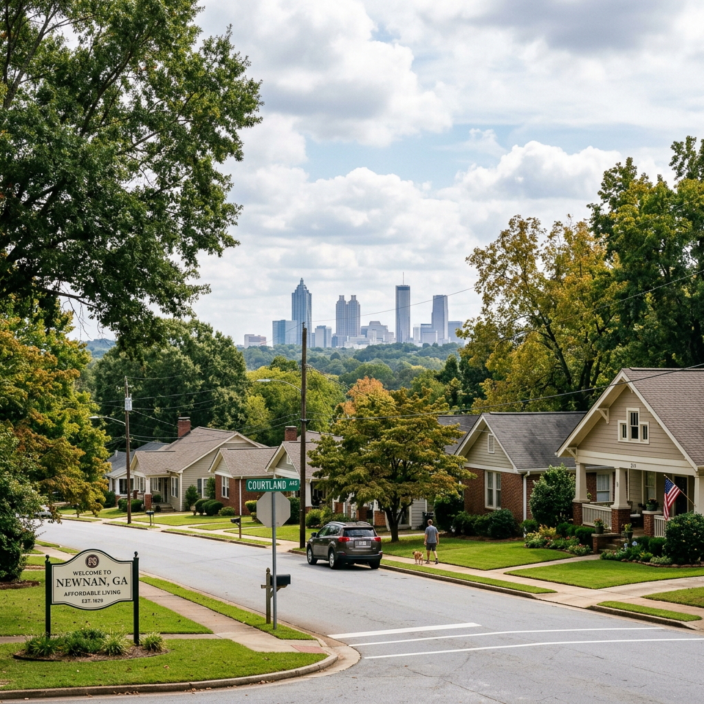 Residential street in Newnan, Georgia with houses, trees, and distant Atlanta skyline
