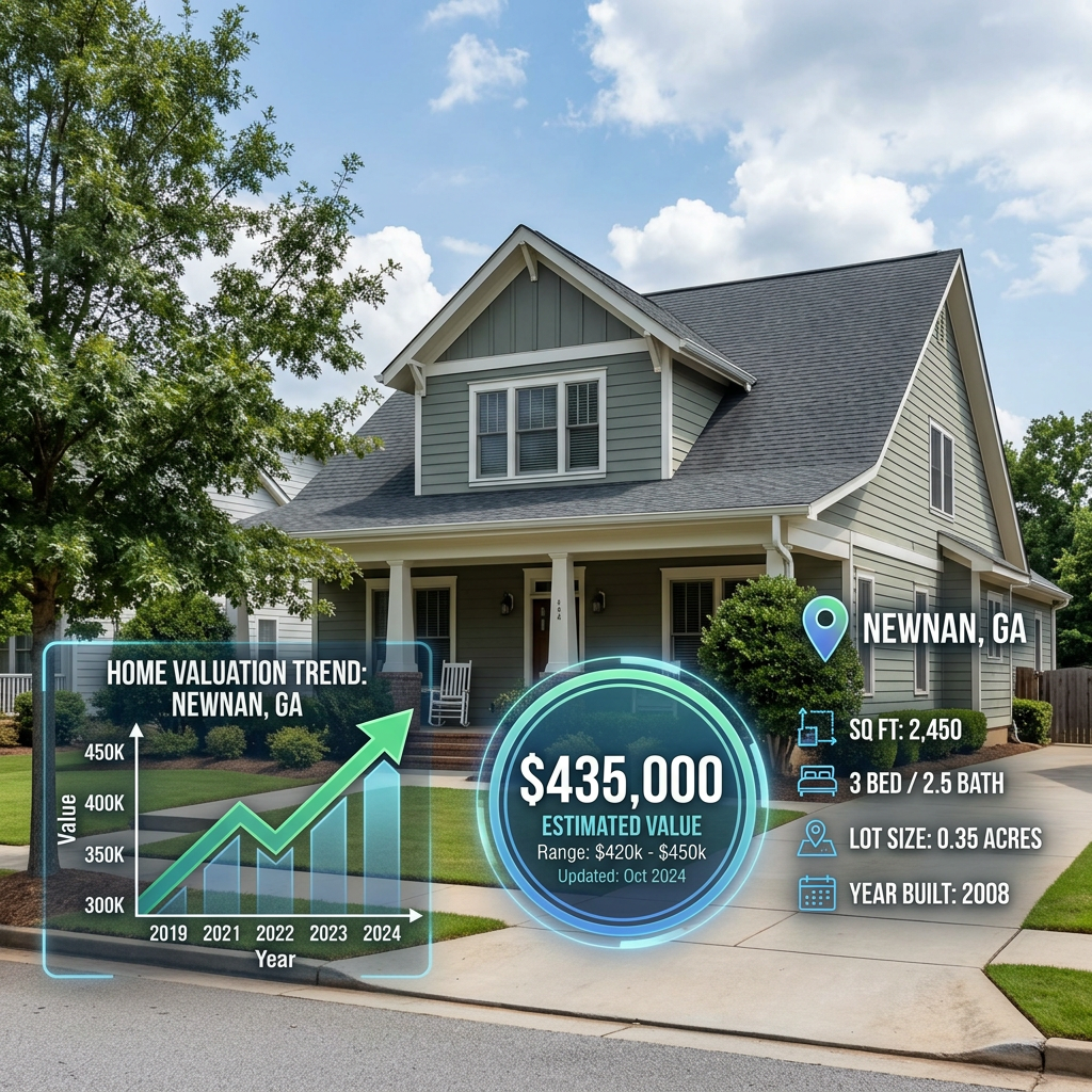 Suburban house in Newnan, GA with home valuation graph, price estimate $435,000, and property details.