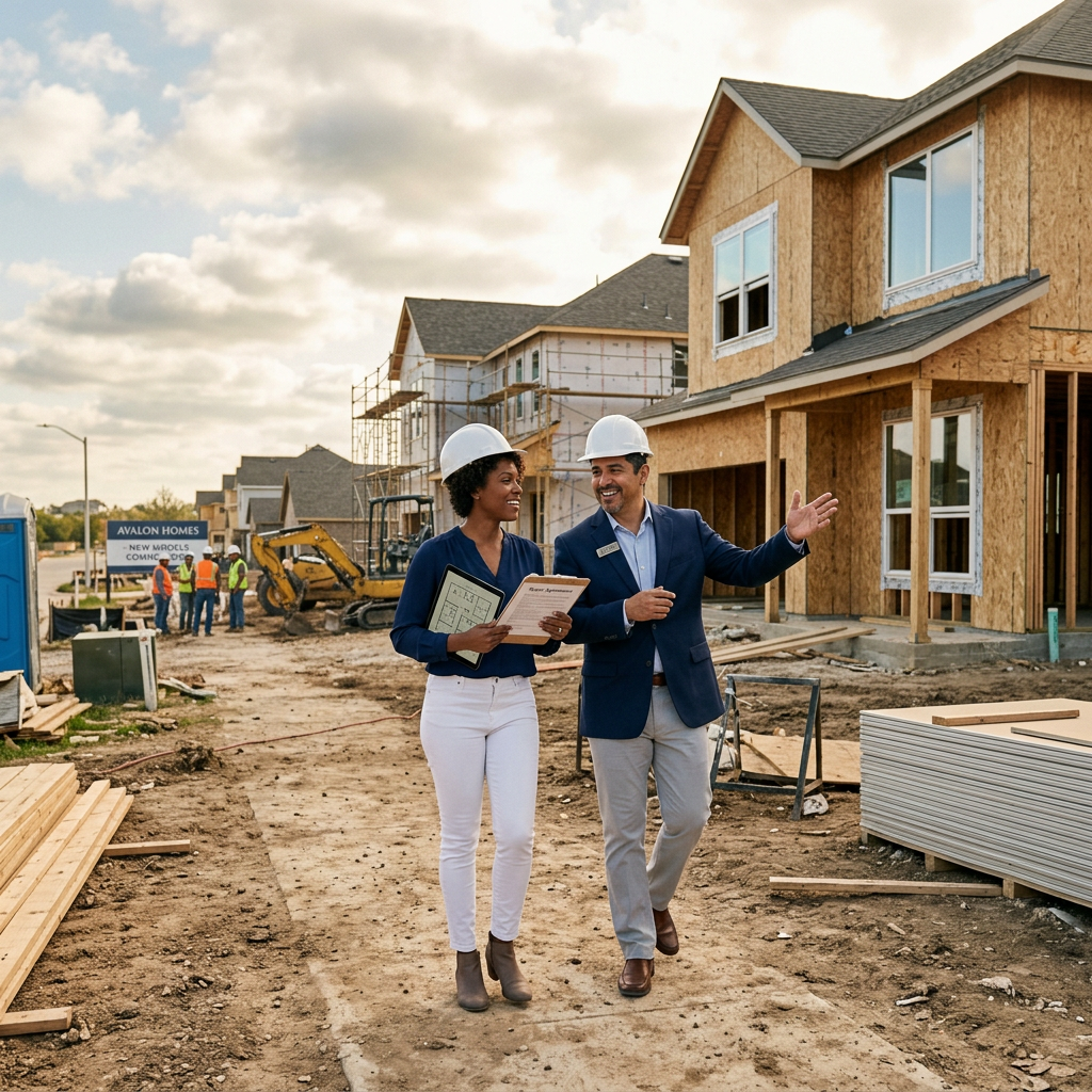 Two professionals wearing hard hats reviewing documents at a residential construction site with houses under construction in the background