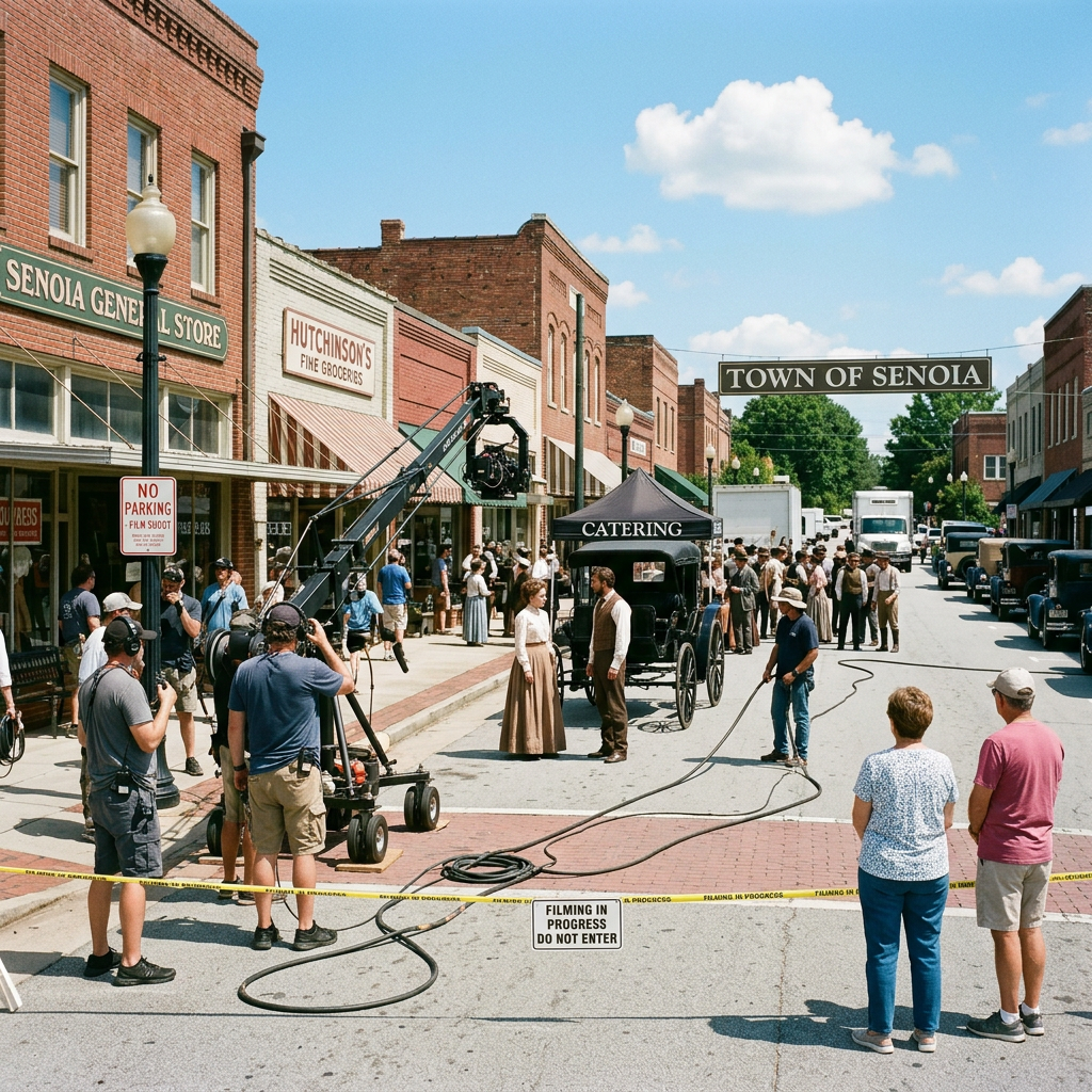 Film crew and actors filming a period scene on Senoia street with vintage cars