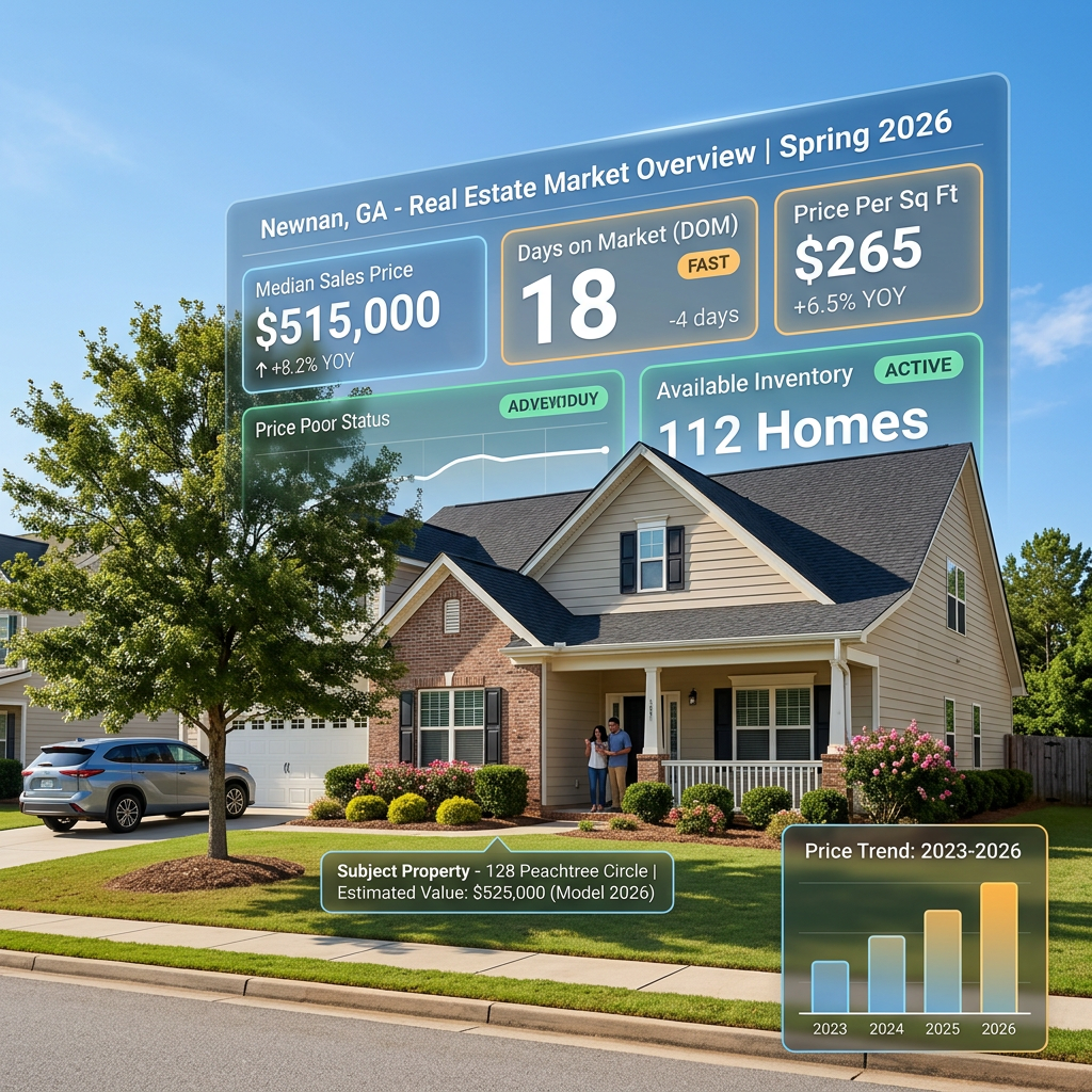 Newnan Georgia real estate market statistics for Spring 2026 including median price $515,000, 18 days on market, $265 price per square foot, 112 homes available