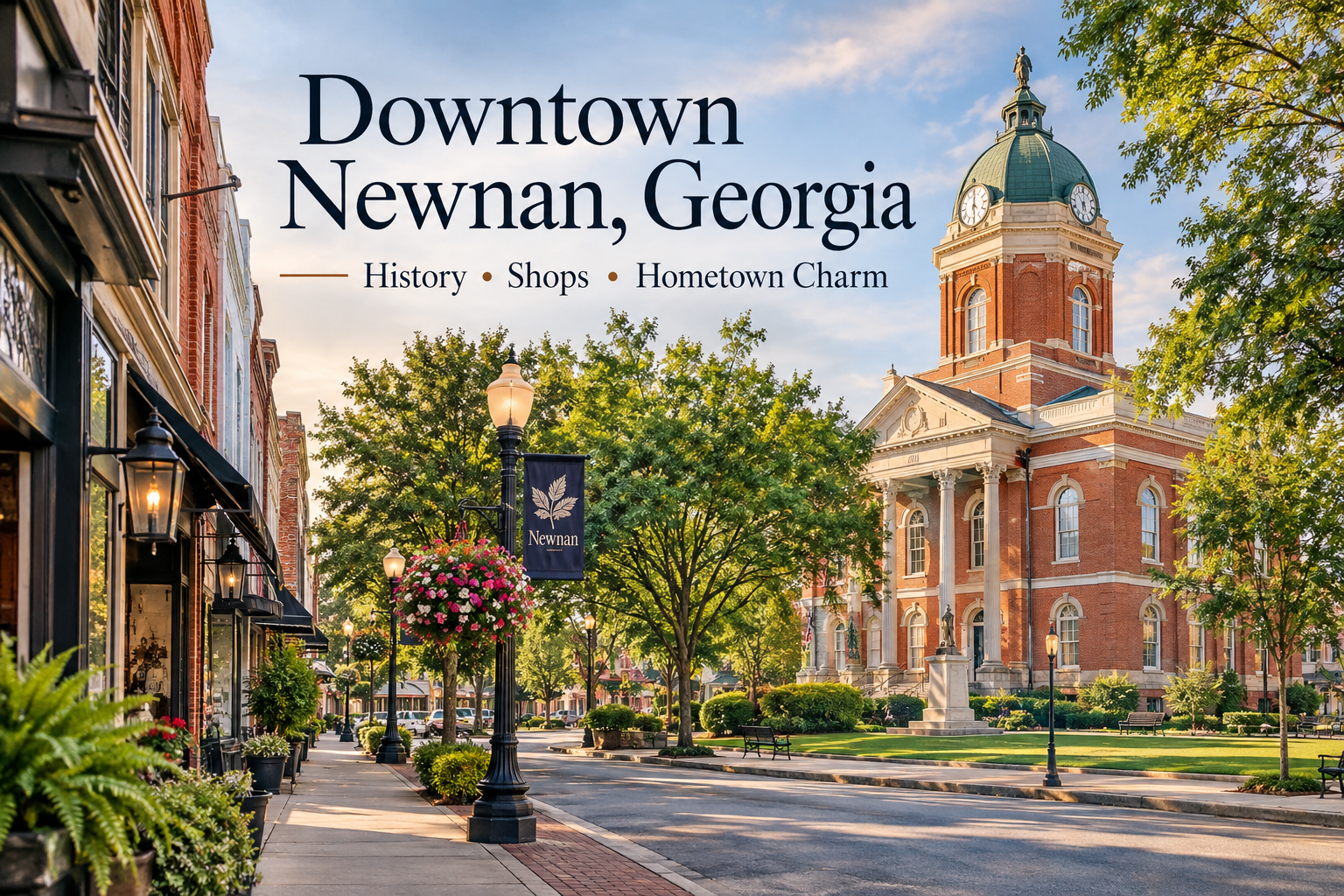 Downtown Newnan Georgia historic Courthouse Square with shops and hometown charm