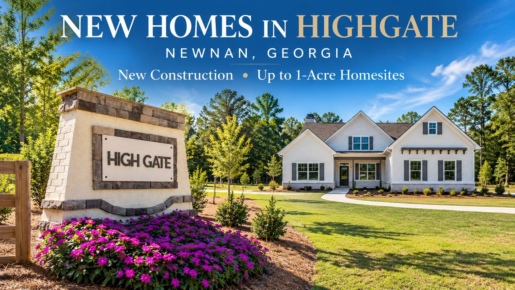 New homes in Highgate Newnan GA featuring the Highgate entrance and a new construction home on a spacious homesite