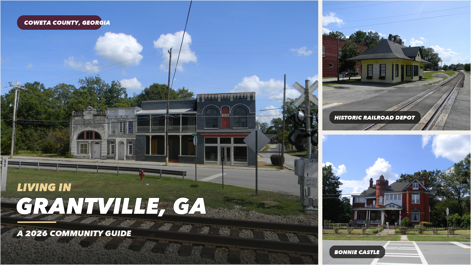 Historic Griffin Street buildings, the Grantville passenger depot, and Bonnie Castle in Grantville, Georgia.