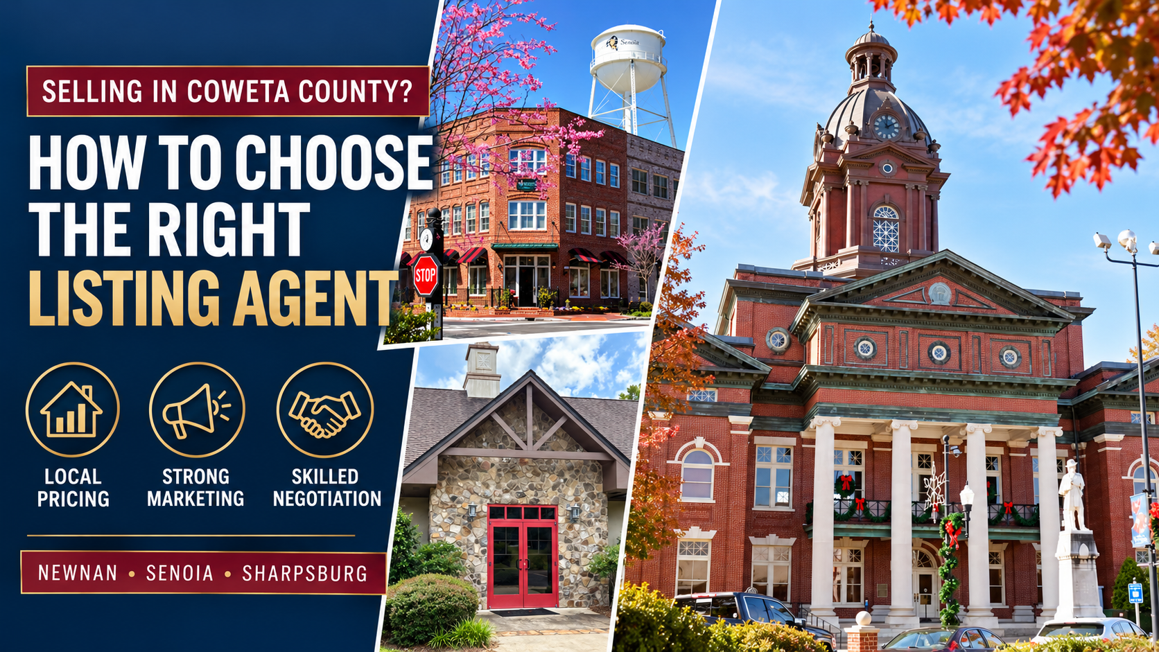 Collage of Newnan, Senoia and Sharpsburg landmarks illustrating how to choose a Coweta County listing agent with local pricing, strong marketing and skilled negotiation.