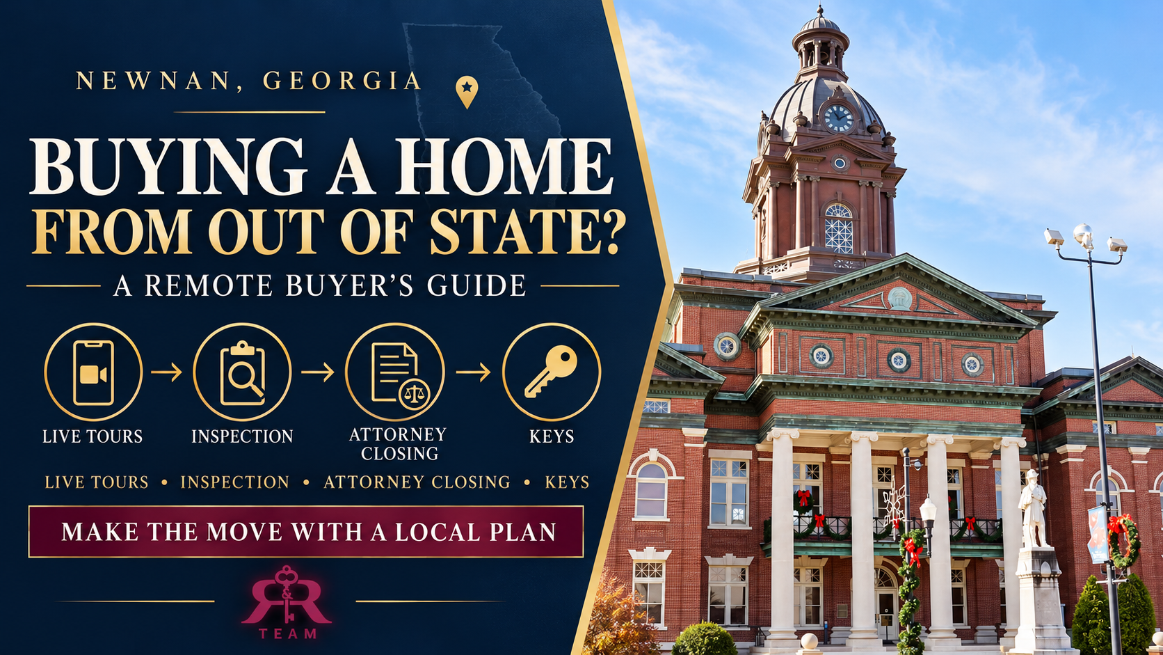 Buying a home in Newnan from out of state guide featuring the Coweta County Courthouse and the remote buying process.