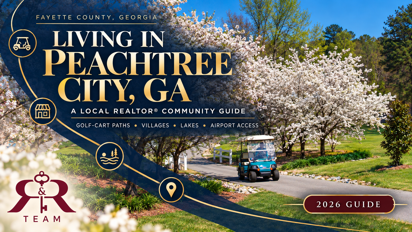 Living in Peachtree City, GA community guide featuring a golf cart on a local multi-use path