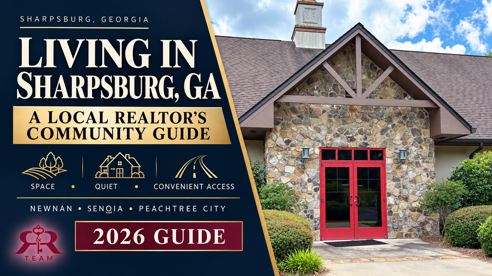 Living in Sharpsburg, GA community guide featuring a local stone building with red doors.